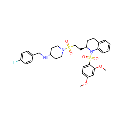 COc1ccc(S(=O)(=O)N2c3ccccc3CC[C@@H]2CCS(=O)(=O)N2CCC(NCc3ccc(F)cc3)CC2)c(OC)c1 ZINC000049695059