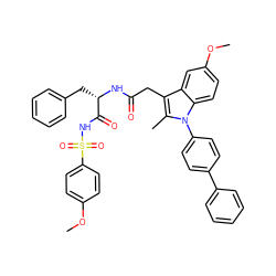 COc1ccc(S(=O)(=O)NC(=O)[C@H](Cc2ccccc2)NC(=O)Cc2c(C)n(-c3ccc(-c4ccccc4)cc3)c3ccc(OC)cc23)cc1 ZINC001772643387