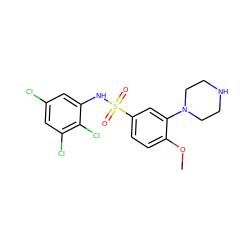 COc1ccc(S(=O)(=O)Nc2cc(Cl)cc(Cl)c2Cl)cc1N1CCNCC1 ZINC000027656681