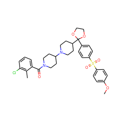 COc1ccc(S(=O)(=O)c2ccc(C3(C4CCN(C5CCN(C(=O)c6cccc(Cl)c6C)CC5)CC4)OCCO3)cc2)cc1 ZINC000027095379