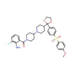 COc1ccc(S(=O)(=O)c2ccc(C3(C4CCN(C5CCN(C(=O)c6cccc(F)c6N)CC5)CC4)OCCO3)cc2)cc1 ZINC000004387268