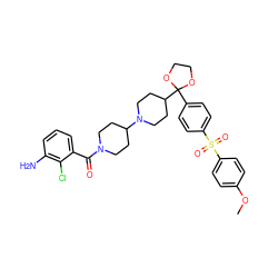 COc1ccc(S(=O)(=O)c2ccc(C3(C4CCN(C5CCN(C(=O)c6cccc(N)c6Cl)CC5)CC4)OCCO3)cc2)cc1 ZINC000027105717