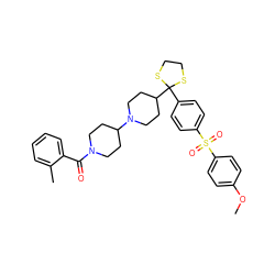 COc1ccc(S(=O)(=O)c2ccc(C3(C4CCN(C5CCN(C(=O)c6ccccc6C)CC5)CC4)SCCS3)cc2)cc1 ZINC000027093743