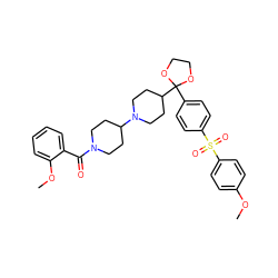 COc1ccc(S(=O)(=O)c2ccc(C3(C4CCN(C5CCN(C(=O)c6ccccc6OC)CC5)CC4)OCCO3)cc2)cc1 ZINC000027094920
