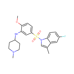 COc1ccc(S(=O)(=O)n2cc(C)c3cc(F)ccc32)cc1NC1CCN(C)CC1 ZINC000095575241