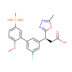 COc1ccc(S(C)(=O)=O)cc1-c1cc(F)cc([C@H](CC(=O)O)c2nnc(C)o2)c1 ZINC001772618800