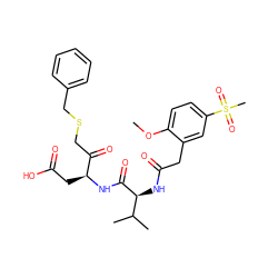 COc1ccc(S(C)(=O)=O)cc1CC(=O)N[C@H](C(=O)N[C@@H](CC(=O)O)C(=O)CSCc1ccccc1)C(C)C ZINC000028136894