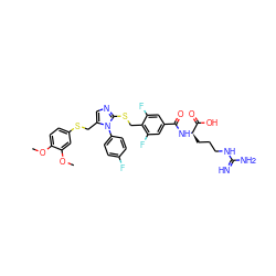 COc1ccc(SCc2cnc(SCc3c(F)cc(C(=O)N[C@H](CCCNC(=N)N)C(=O)O)cc3F)n2-c2ccc(F)cc2)cc1OC ZINC001772590449