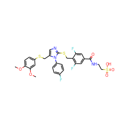 COc1ccc(SCc2cnc(SCc3c(F)cc(C(=O)NCCS(=O)(=O)O)cc3F)n2-c2ccc(F)cc2)cc1OC ZINC001772647401