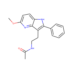 COc1ccc2[nH]c(-c3ccccc3)c(CCNC(C)=O)c2n1 ZINC000072179074