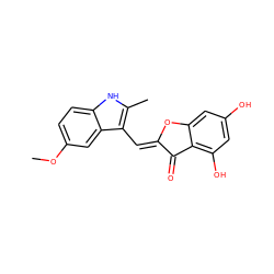 COc1ccc2[nH]c(C)c(/C=C3\Oc4cc(O)cc(O)c4C3=O)c2c1 ZINC000049068506