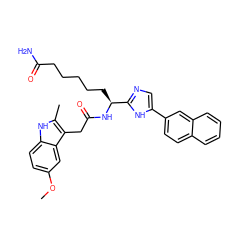 COc1ccc2[nH]c(C)c(CC(=O)N[C@@H](CCCCCC(N)=O)c3ncc(-c4ccc5ccccc5c4)[nH]3)c2c1 ZINC000043152309