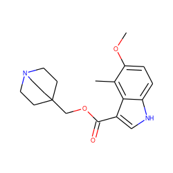 COc1ccc2[nH]cc(C(=O)OCC34CCN(CC3)CC4)c2c1C ZINC001772654316