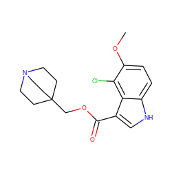 COc1ccc2[nH]cc(C(=O)OCC34CCN(CC3)CC4)c2c1Cl ZINC001772625713