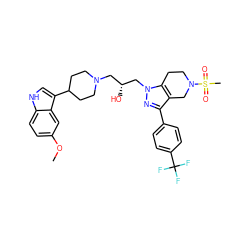 COc1ccc2[nH]cc(C3CCN(C[C@@H](O)Cn4nc(-c5ccc(C(F)(F)F)cc5)c5c4CCN(S(C)(=O)=O)C5)CC3)c2c1 ZINC000003992208