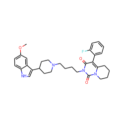 COc1ccc2[nH]cc(C3CCN(CCCCn4c(=O)c(-c5ccccc5F)c5n(c4=O)CCCC5)CC3)c2c1 ZINC000049695406