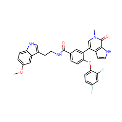 COc1ccc2[nH]cc(CCNC(=O)c3ccc(Oc4ccc(F)cc4F)c(-c4cn(C)c(=O)c5[nH]ccc45)c3)c2c1 ZINC000146717868