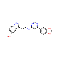 COc1ccc2[nH]cc(CCNc3cc(-c4ccc5c(c4)OCO5)ncn3)c2c1 ZINC000004264536