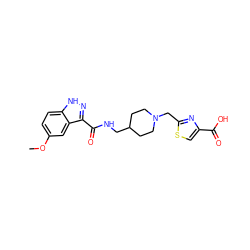 COc1ccc2[nH]nc(C(=O)NCC3CCN(Cc4nc(C(=O)O)cs4)CC3)c2c1 ZINC000220769751