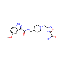 COc1ccc2[nH]nc(C(=O)NCC3CCN(Cc4noc(C(N)=O)n4)CC3)c2c1 ZINC000220770272