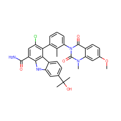 COc1ccc2c(=O)n(-c3cccc(-c4c(Cl)cc(C(N)=O)c5[nH]c6cc(C(C)(C)O)ccc6c45)c3C)c(=O)n(C)c2c1 ZINC000223043627