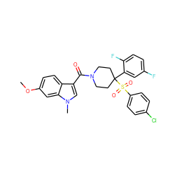 COc1ccc2c(C(=O)N3CCC(c4cc(F)ccc4F)(S(=O)(=O)c4ccc(Cl)cc4)CC3)cn(C)c2c1 ZINC000084631995