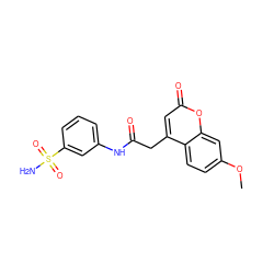 COc1ccc2c(CC(=O)Nc3cccc(S(N)(=O)=O)c3)cc(=O)oc2c1 ZINC000040950184