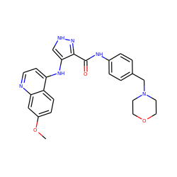 COc1ccc2c(Nc3c[nH]nc3C(=O)Nc3ccc(CN4CCOCC4)cc3)ccnc2c1 ZINC001772656245