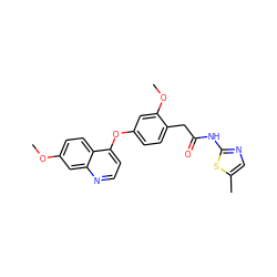 COc1ccc2c(Oc3ccc(CC(=O)Nc4ncc(C)s4)c(OC)c3)ccnc2c1 ZINC000084634485