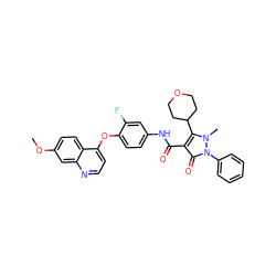 COc1ccc2c(Oc3ccc(NC(=O)c4c(C5CCOCC5)n(C)n(-c5ccccc5)c4=O)cc3F)ccnc2c1 ZINC000084653797