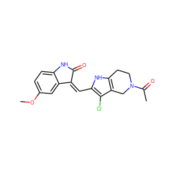 COc1ccc2c(c1)/C(=C/c1[nH]c3c(c1Cl)CN(C(C)=O)CC3)C(=O)N2 ZINC000096272956