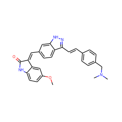 COc1ccc2c(c1)/C(=C\c1ccc3c(/C=C/c4ccc(CN(C)C)cc4)n[nH]c3c1)C(=O)N2 ZINC000096273695