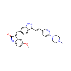 COc1ccc2c(c1)/C(=C\c1ccc3c(/C=C/c4ccc(N5CCN(C)CC5)nc4)n[nH]c3c1)C(=O)N2 ZINC000068250882