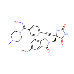 COc1ccc2c(c1)C(=O)N(C[C@@]1(C#Cc3ccc(/C(=N/O)N4CCN(C)CC4)cc3)NC(=O)NC1=O)C2 ZINC000064559316