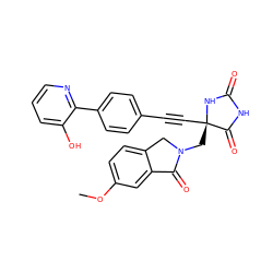 COc1ccc2c(c1)C(=O)N(C[C@@]1(C#Cc3ccc(-c4ncccc4O)cc3)NC(=O)NC1=O)C2 ZINC000064559146