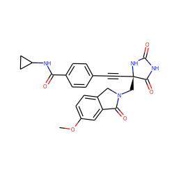 COc1ccc2c(c1)C(=O)N(C[C@@]1(C#Cc3ccc(C(=O)NC4CC4)cc3)NC(=O)NC1=O)C2 ZINC000064573643