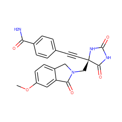 COc1ccc2c(c1)C(=O)N(C[C@@]1(C#Cc3ccc(C(N)=O)cc3)NC(=O)NC1=O)C2 ZINC000064573147