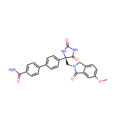 COc1ccc2c(c1)C(=O)N(C[C@@]1(c3ccc(-c4ccc(C(N)=O)cc4)cc3)NC(=O)NC1=O)C2 ZINC000058583993