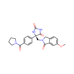 COc1ccc2c(c1)C(=O)N(C[C@@]1(c3ccc(C(=O)N4CCCC4)cc3)NC(=O)NC1=O)C2 ZINC000058592861