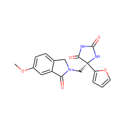 COc1ccc2c(c1)C(=O)N(C[C@@]1(c3ccco3)NC(=O)NC1=O)C2 ZINC000049070648