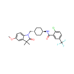 COc1ccc2c(c1)C(C)(C)C(=O)N2C[C@H]1CC[C@H](NC(=O)c2cc(C(F)(F)F)ccc2Cl)CC1 ZINC000653682384