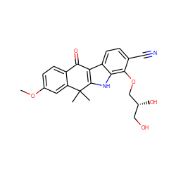 COc1ccc2c(c1)C(C)(C)c1[nH]c3c(OC[C@H](O)CO)c(C#N)ccc3c1C2=O ZINC000114801886