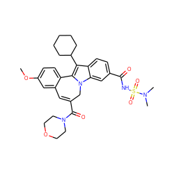 COc1ccc2c(c1)C=C(C(=O)N1CCOCC1)Cn1c-2c(C2CCCCC2)c2ccc(C(=O)NS(=O)(=O)N(C)C)cc21 ZINC000059827077