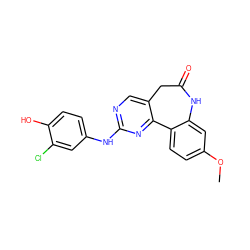 COc1ccc2c(c1)NC(=O)Cc1cnc(Nc3ccc(O)c(Cl)c3)nc1-2 ZINC000045366067