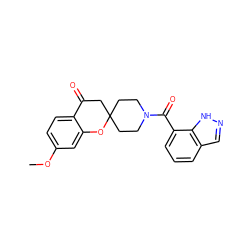 COc1ccc2c(c1)OC1(CCN(C(=O)c3cccc4cn[nH]c34)CC1)CC2=O ZINC000049115008