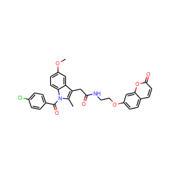 COc1ccc2c(c1)c(CC(=O)NCCOc1ccc3ccc(=O)oc3c1)c(C)n2C(=O)c1ccc(Cl)cc1 ZINC001772602427