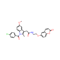 COc1ccc2c(c1)c(CC(=O)NCCOc1ccc3oc(=O)ccc3c1)c(C)n2C(=O)c1ccc(Cl)cc1 ZINC001772647201