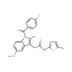 COc1ccc2c(c1)c(CC(=O)Nc1ncc(C)s1)c(C)n2C(=O)c1ccc(Cl)cc1 ZINC000013809419