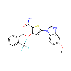 COc1ccc2c(c1)ncn2-c1cc(OCc2ccccc2C(F)(F)F)c(C(N)=O)s1 ZINC000040402975