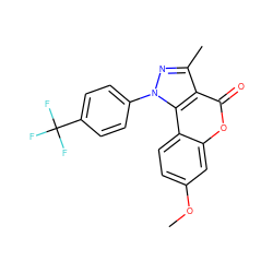 COc1ccc2c(c1)oc(=O)c1c(C)nn(-c3ccc(C(F)(F)F)cc3)c12 ZINC000299828803